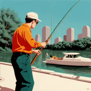 Active Fisherman with Golf Equipment on Summer Vacation