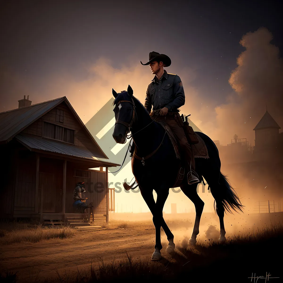 Picture of Stunning Sunset Silhouette of Vaulting Horse and Cowboy