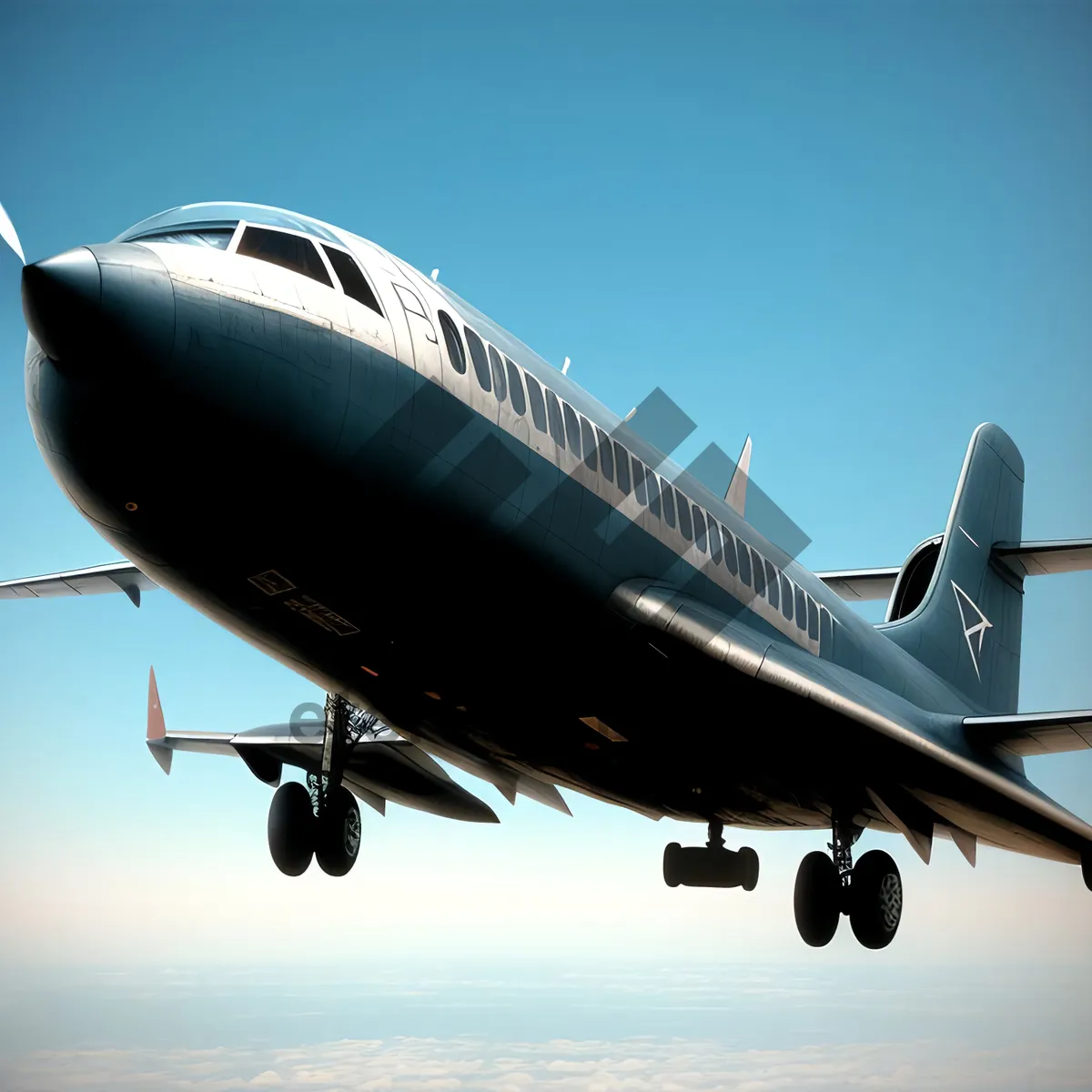 Picture of Airplane in Flight over Airport Runway