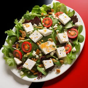 Gourmet vegetable plate with fresh salad and cheese.