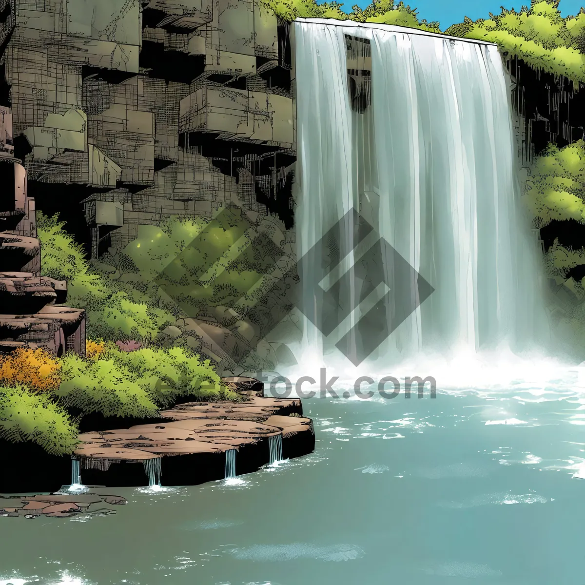 Picture of Serene Cascade in Forested Mountain Landscape