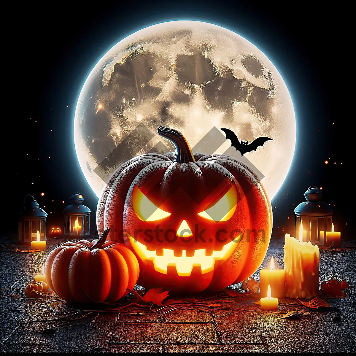 Picture of Night scene, pumpkins and lit candles on a stone surface, detailed full moon in the background, warm candlelight contrasts with cold moonlight creating a Halloween atmosphere. AI, Generation, Illustration.