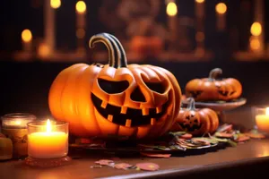 Spooky Halloween night with jack-o'-lantern decorations