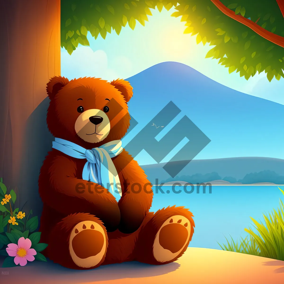 Picture of Playful Cartoon Boy with Teddy Bear Toy