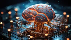 Sci-fi concept. The central computer processor in the form of an artificial brain microchip as the main element of the artificial intelligence system is installed on the motherboard of the supercomputer