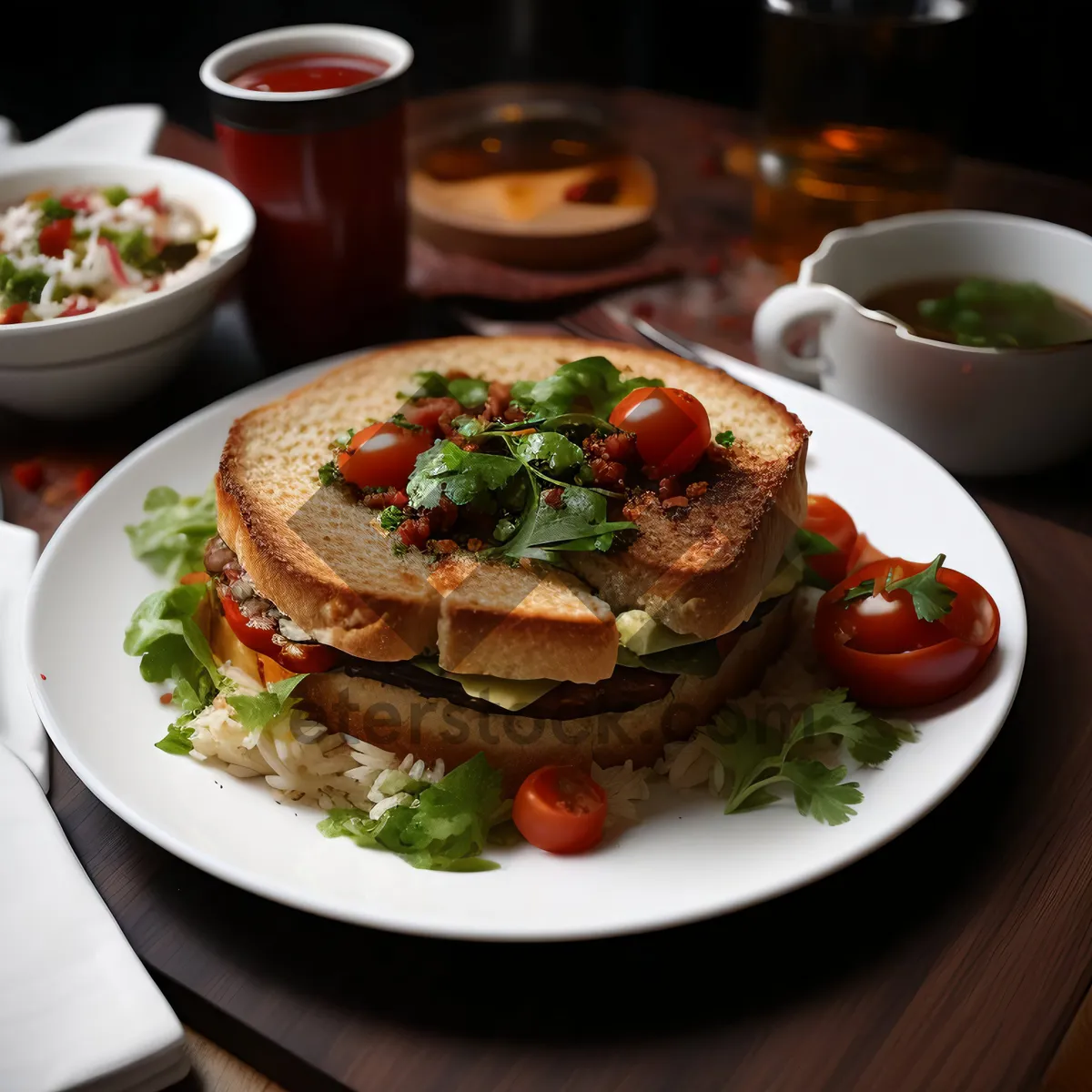 Picture of Fresh vegetable salad plate with delicious sauce garnish.