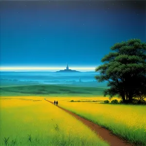 Vibrant Summer Sky over Meadow and Tree