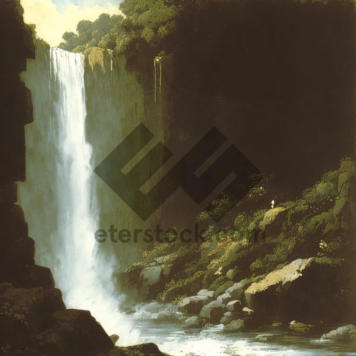 Picture of Serene Waterfall Cascade Amidst Majestic Rocky Landscape