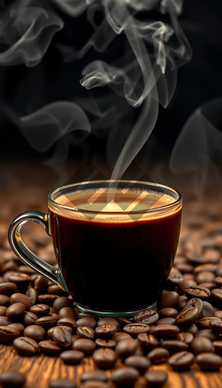 Picture of Fresh brewed espresso in black cup on dark table