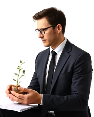 Successful businessman in corporate office with laptop smiling.