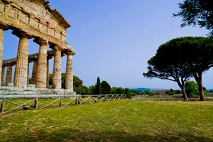 Ancient Temple with Stone Columns and Archway.