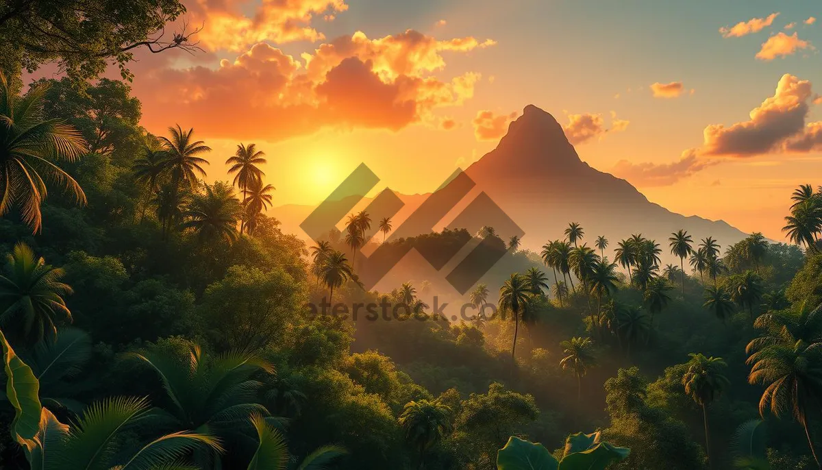 Picture of Silhouette palm trees overlooking orange sunset horizon.