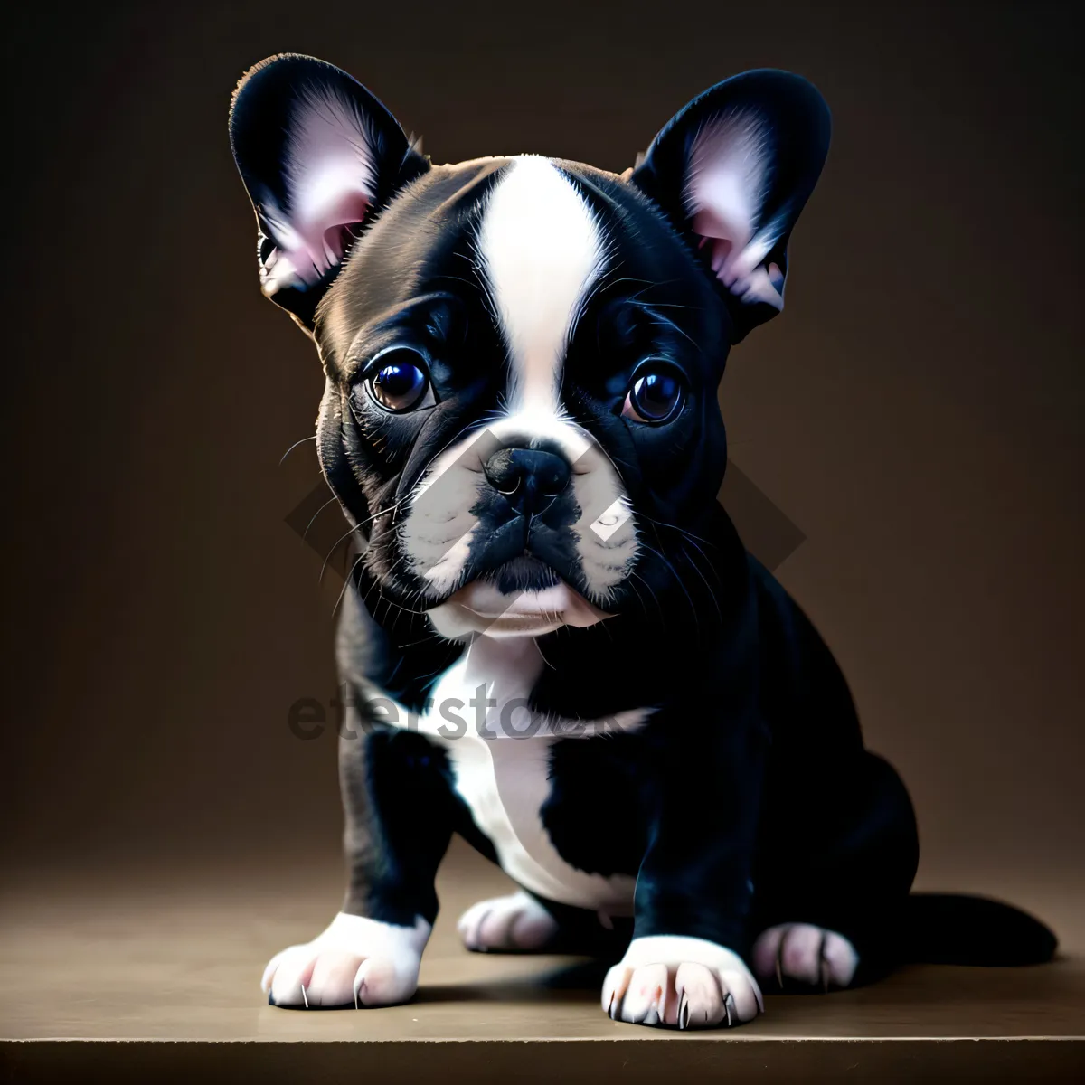 Picture of Purebred Bulldog Puppy Sitting in Studio, Cute and Wrinkled