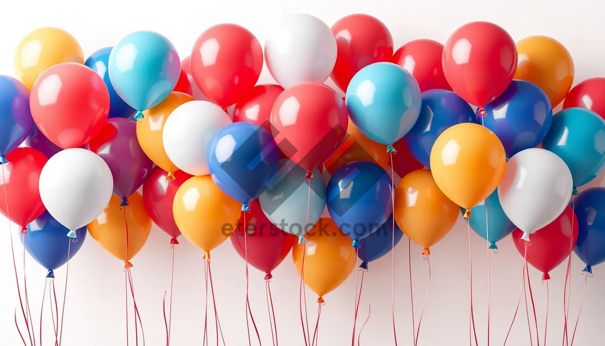 Picture of Colorful birthday party balloons with ribbons and helium filled.