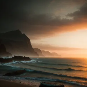 Tranquil Coastal Sunset over Vibrant Ocean Waves