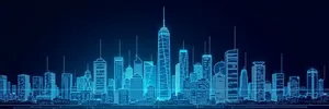 Modern Glass Tower in Urban Financial District at Night