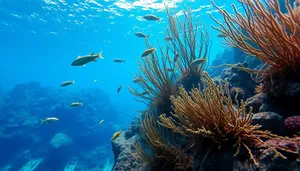 Colorful tropical fish swimming in bright sunlight underwater reef