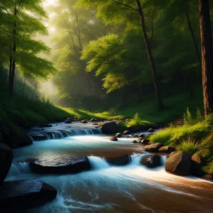 Serene River Flowing Through Lush Forest