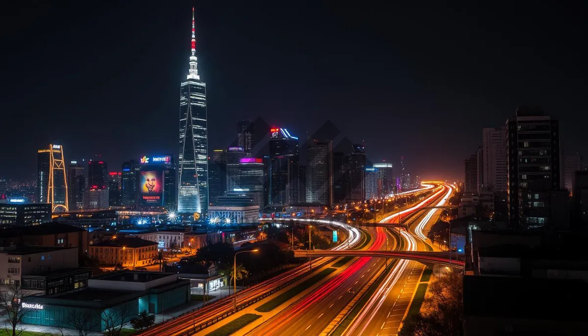 Picture of Modern city skyline at night with light trails