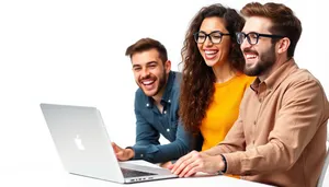 Happy successful businesswoman sitting at office desk with laptop