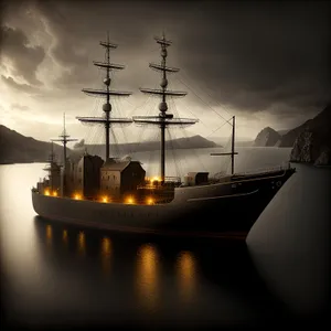Electricity-Powered Pirate Ship Sailing at Sunset