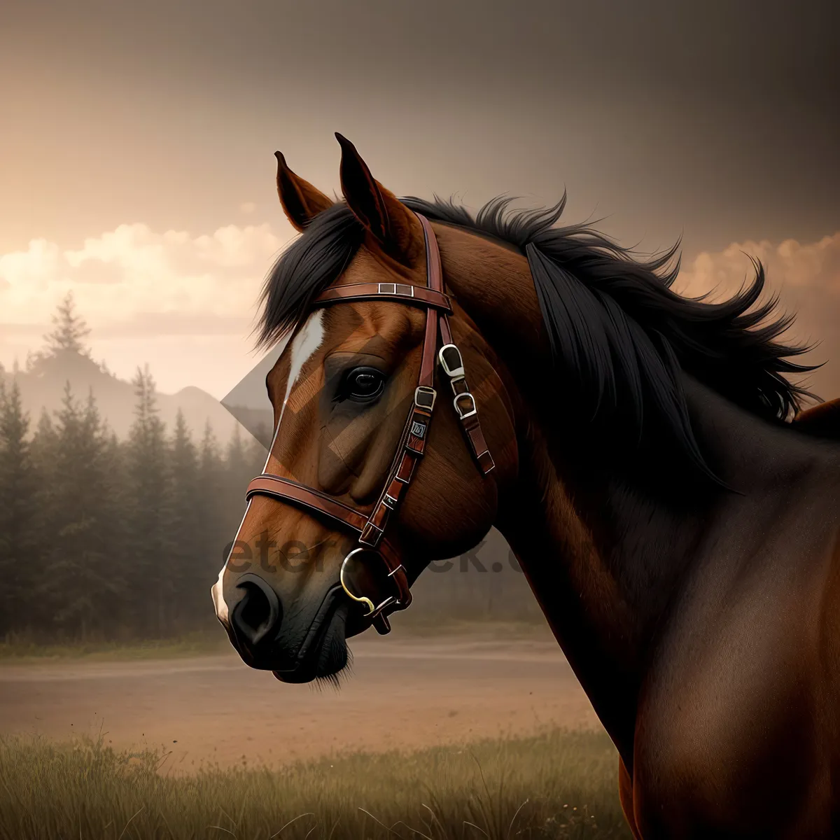 Picture of Beautiful Brown Stallion in Rural Equestrian Landscape