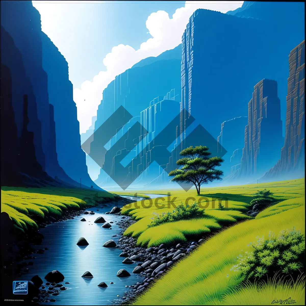 Picture of Idyllic countryside horizon with lush meadows and clear skies