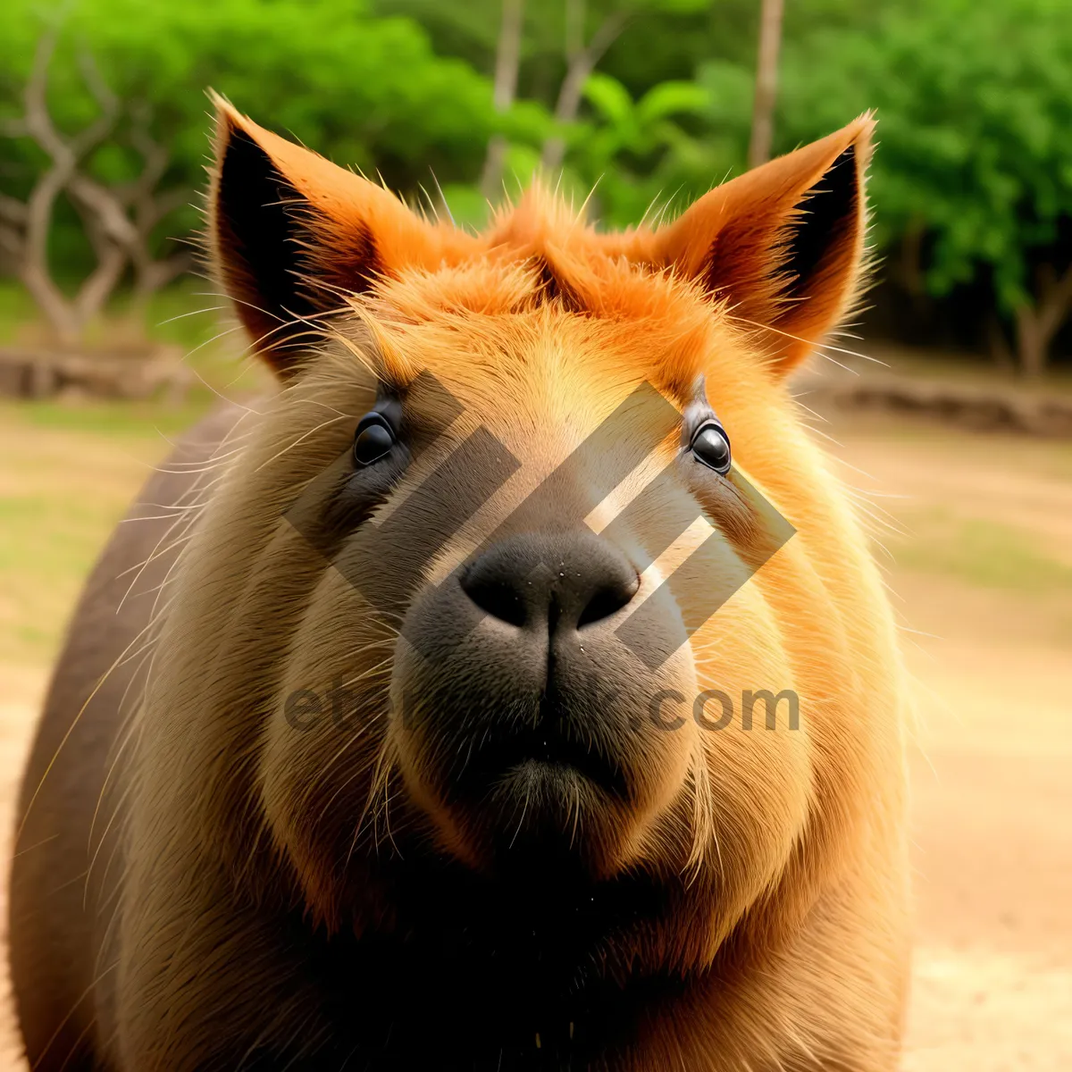 Picture of Stunning Brown Stallion Grazing in Rural Field