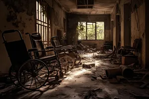 Wheelchair next to old barrow and chair