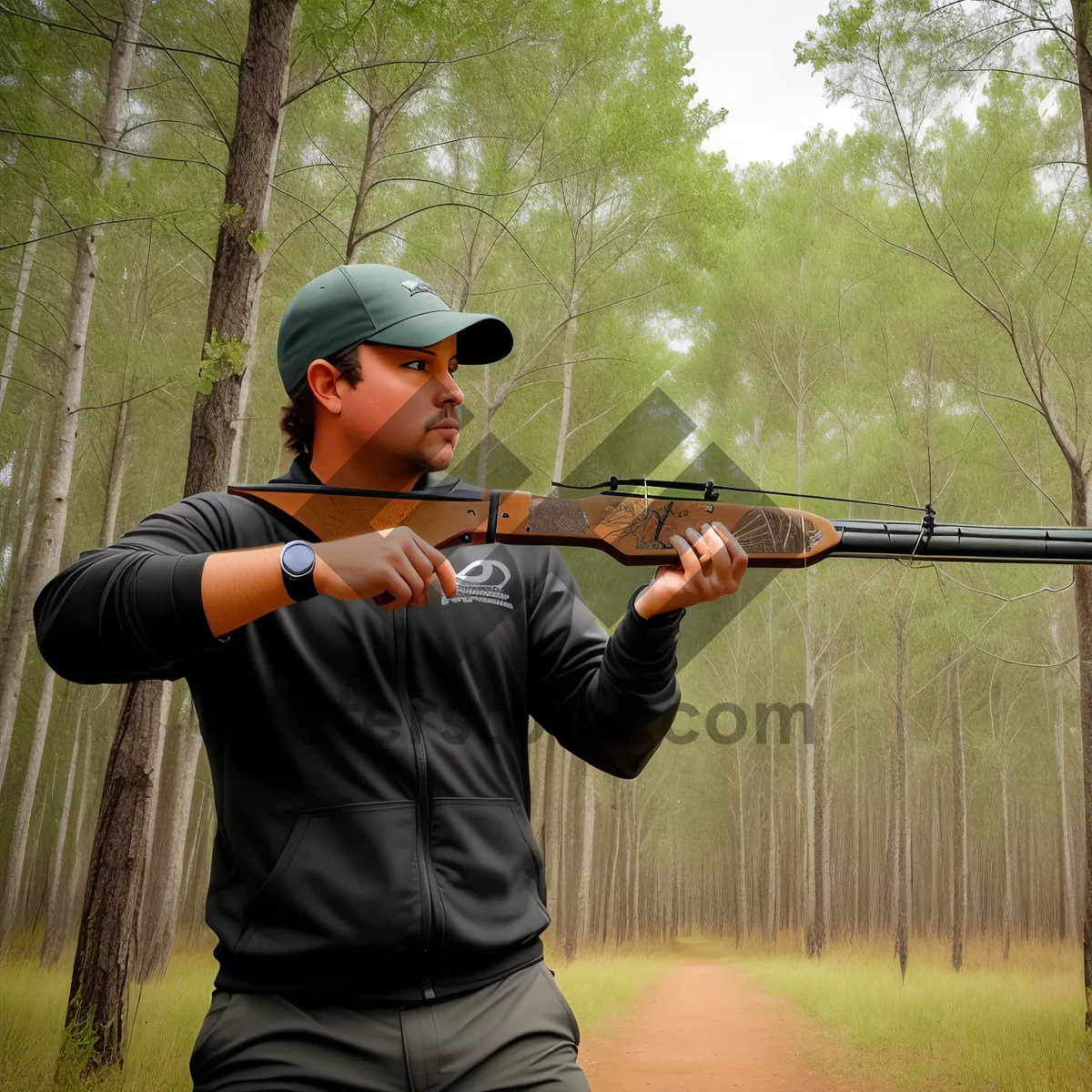 Picture of Male Shooter Aim at Clay Pigeon with Air Rifle