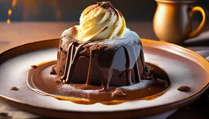 Delicious chocolate cake with ice cream and sauce.