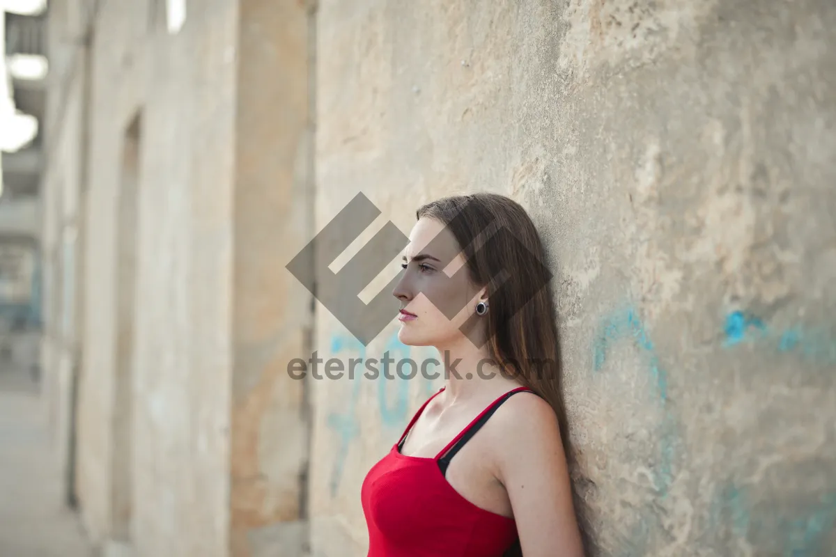Picture of Beautiful brunette model smiling in swimsuit