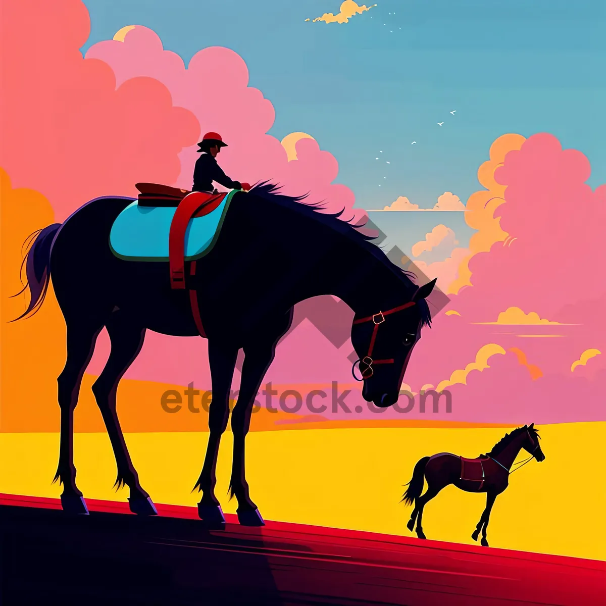 Picture of Giraffe Silhouette in Black: Savanna Recreation with Horse and People