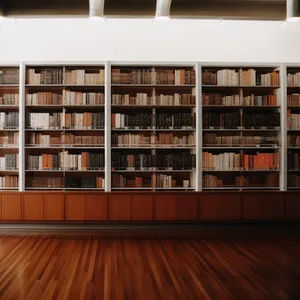 Modern library interior with wooden bookshelves.