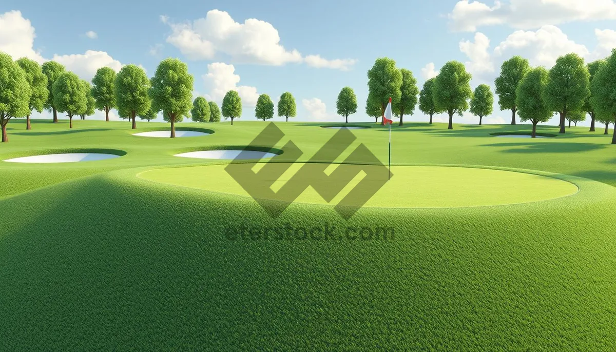 Picture of Competitive golfer on lush fairway under blue sky.