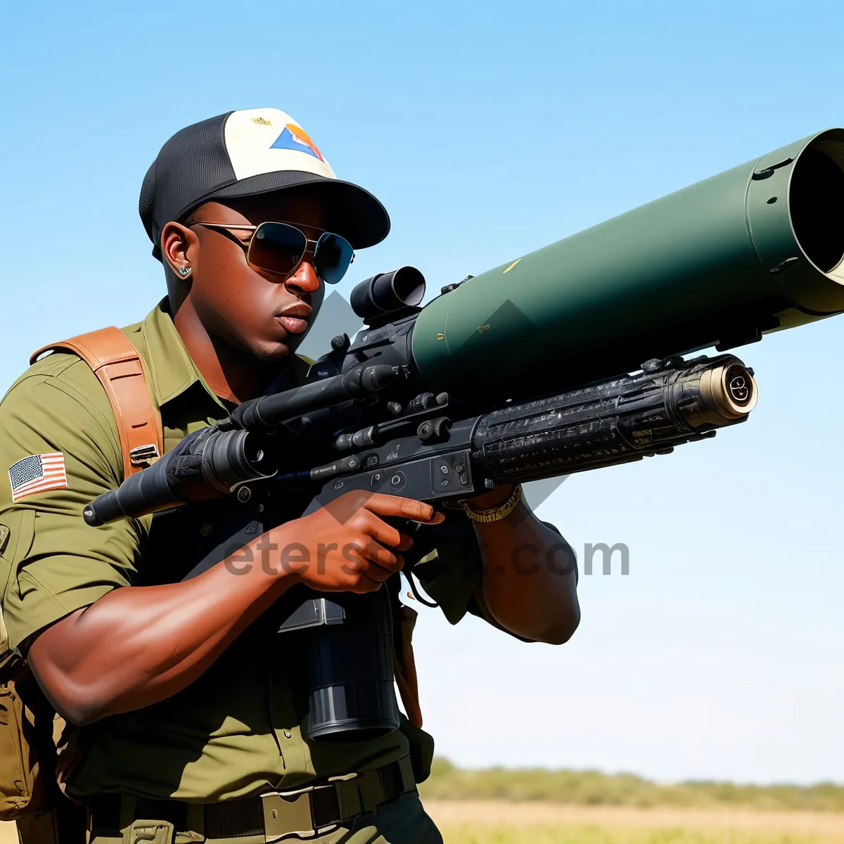 Picture of Armed Warrior in Military Uniform with Bazooka