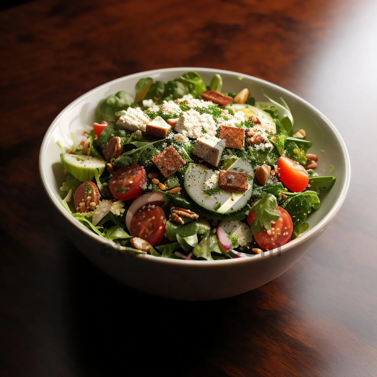 Picture of Healthy plate of gourmet vegetable salad with meat slices