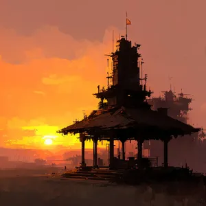 Splendid Sunset over Majestic Warship
