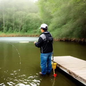 Man fishing with paddle on serene lake