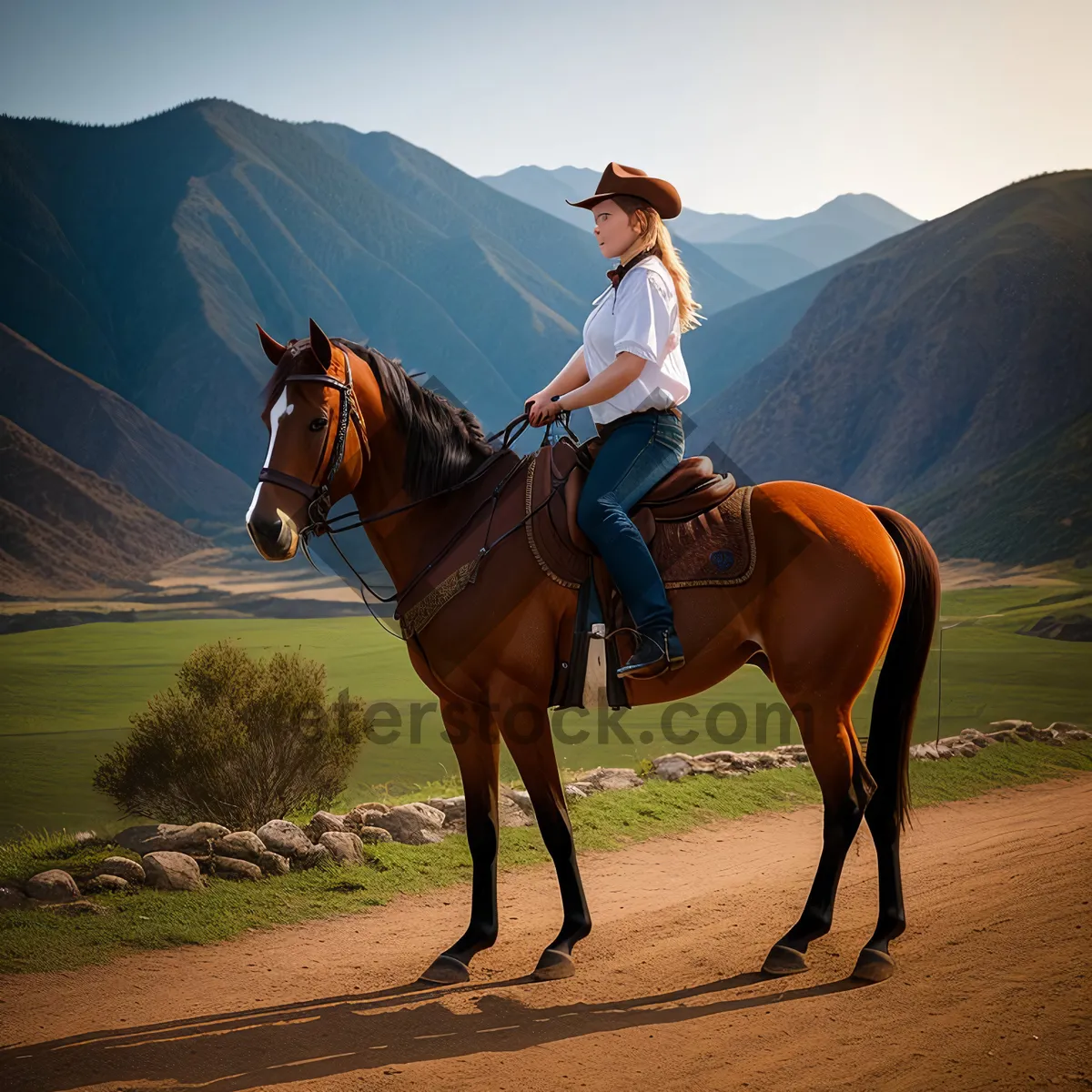 Picture of Rustic Cowboy on Horseback Riding in Grass Field