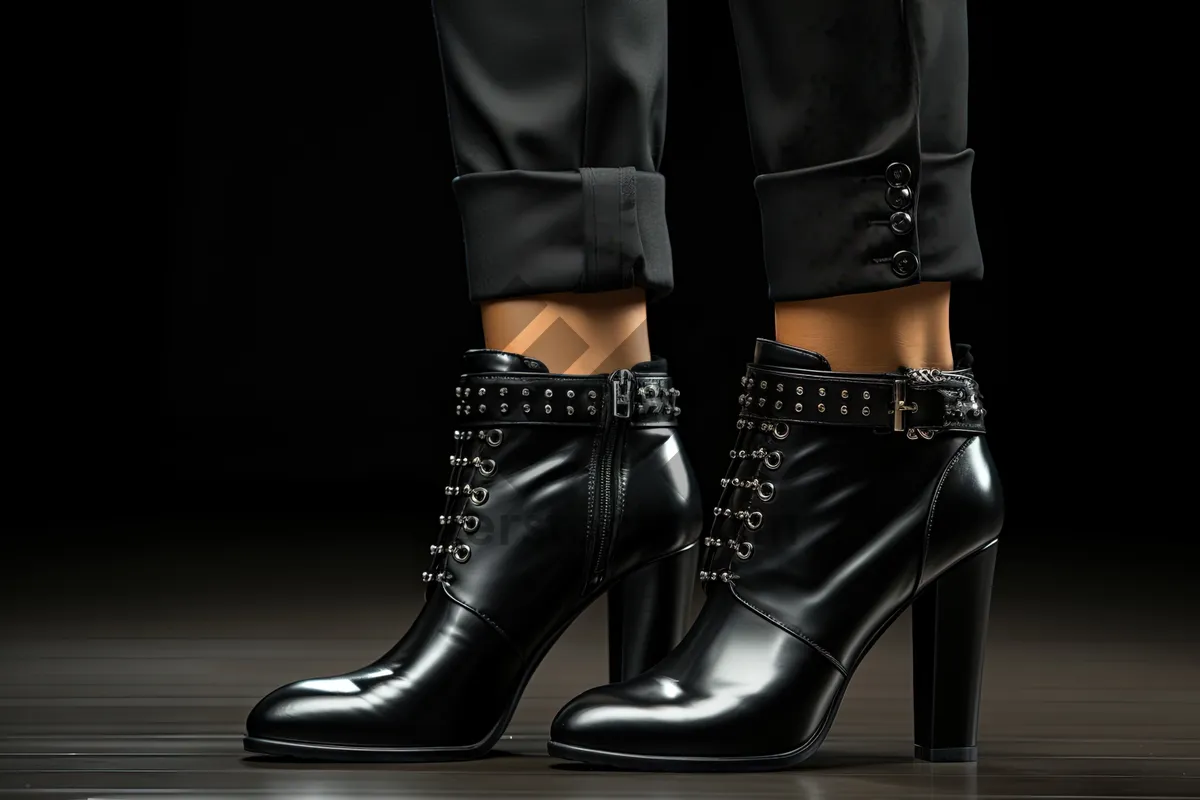 Picture of Fashionable black leather lace-up ankle boots on display.