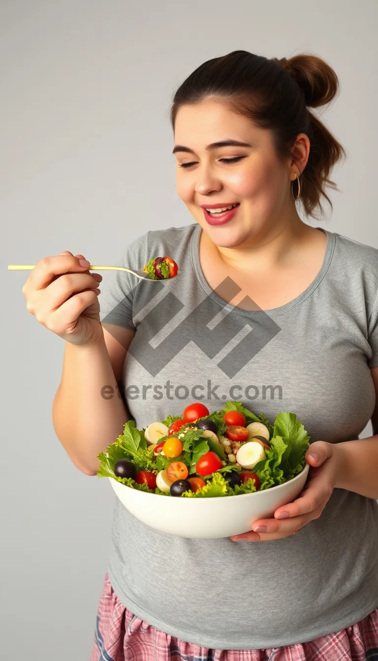 Picture of Smiling person eating healthy vegetable salad in kitchen.