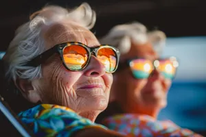 Stylish adult performer in sunglasses and binoculars