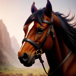 Brown Thoroughbred Horse with Bridle and Mane