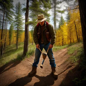 Autumn Hiking in the Forest: Adventurous Man with Backpack