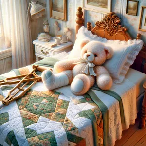 Cozy bedroom decor with teddy bear pillow and quilt