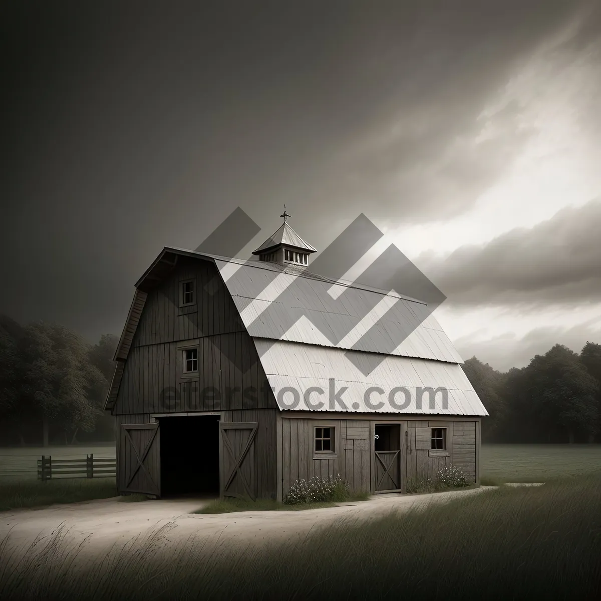 Picture of Rustic Snowy Barn Against Serene Cloudscape