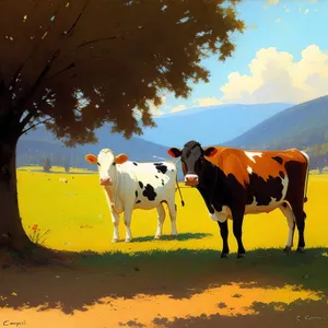 Idyllic Ranch Scene with Grazing Cattle and Horses