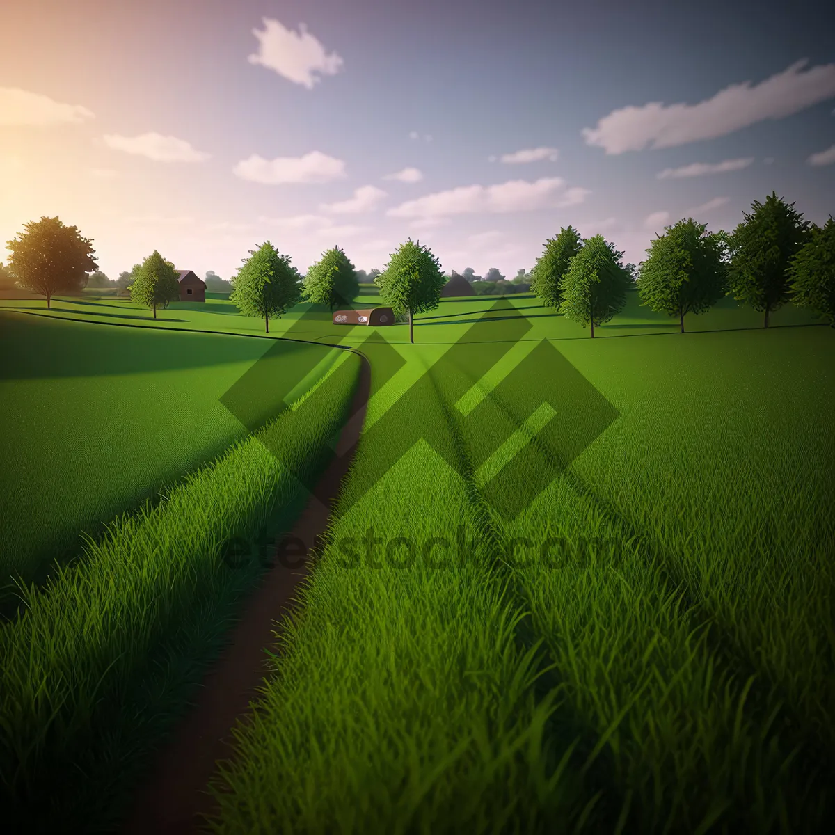 Picture of Idyllic Countryside Landscape with Clear Sky and Green Fields