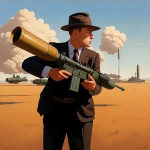 Skyward Vigilance: A Male with Rifle and Megaphone